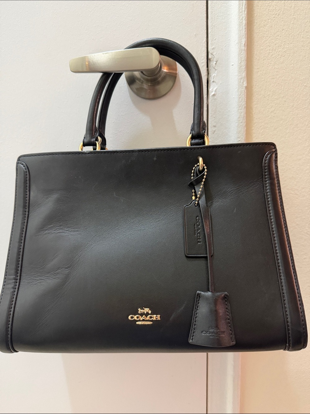 Coach Black Leather Structured Satchel with Gold Hardware